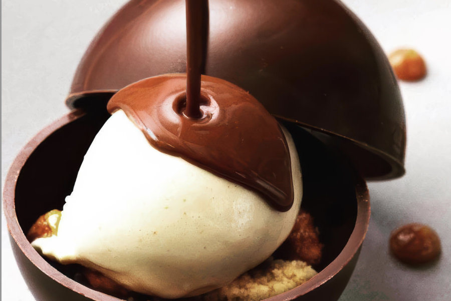 La sphère chocolat, glace cacahuète, Chocolat chaud Illanka.