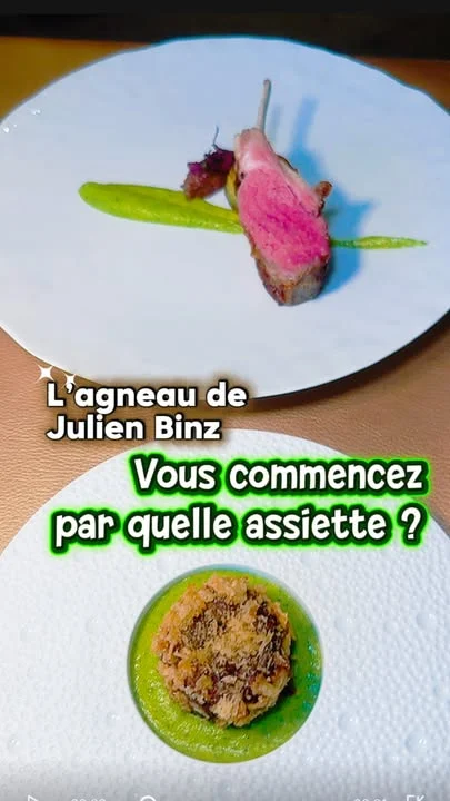 🔥 Et vous, par quelle assiette commenceriez-vous ?
Chez Julien Binz, l’agneau se découvre en deux lectures, servies ensemble, pour passer de l’une à l’autre selon l’envie.
🔥 D’un côté, une côte d’agneau française rôtie, rosée, juteuse, posée sur une mousseline de courgette verte à l’ail et au beurre. Le jus corsé rencontre un condiment dattes, citron et olives Riviera italiennes, entre douceur, acidité et profondeur.
🔥 De l’autre, une épaule d’agneau confite douze heures en basse température, liée avec son jus de cuisson, puis enfermée dans un cromesquis croustillant à la chapelure panko.
🌿 La mousseline de courgette relie les deux assiettes. Une bouchée de côte, un trait de jus, puis le croustillant fondant de l’épaule confite.

👉 Alors, plutôt côte rôtie ou épaule confite croustillante ?

Par Sandrine Kauffer